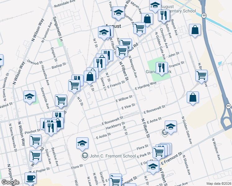 map of restaurants, bars, coffee shops, grocery stores, and more near 1437 North Morrison Avenue in Stockton