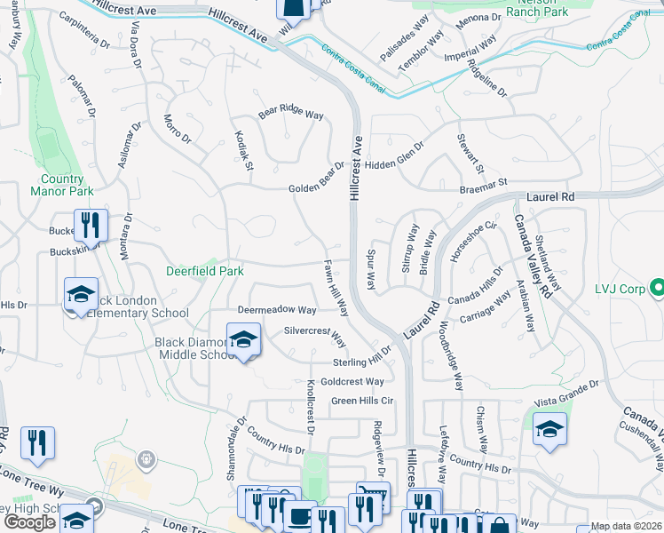 map of restaurants, bars, coffee shops, grocery stores, and more near 4500 Deerhorn Court in Antioch