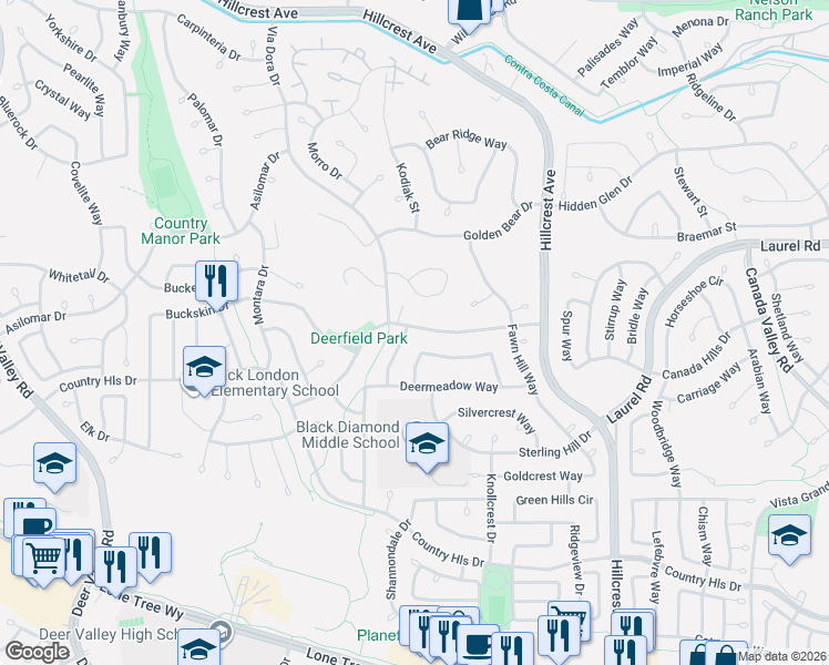 map of restaurants, bars, coffee shops, grocery stores, and more near 4527 Deerfield Drive in Antioch