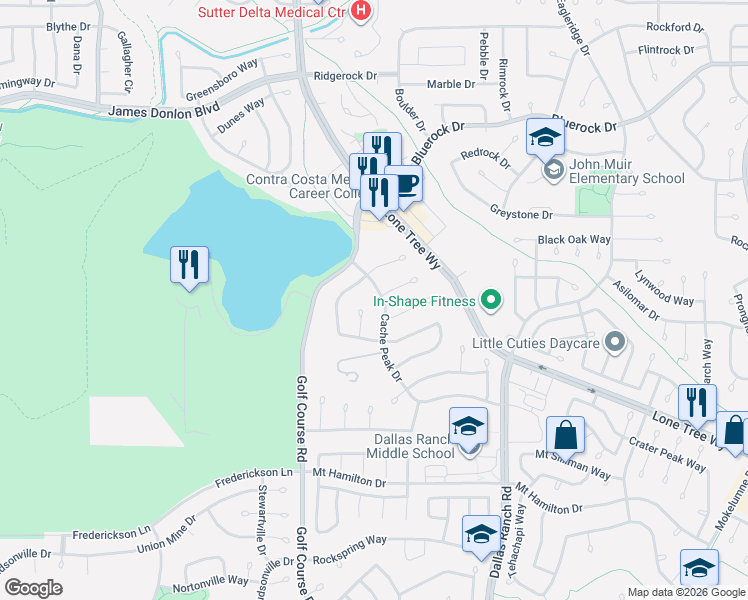 map of restaurants, bars, coffee shops, grocery stores, and more near 4685 Matterhorn Way in Antioch