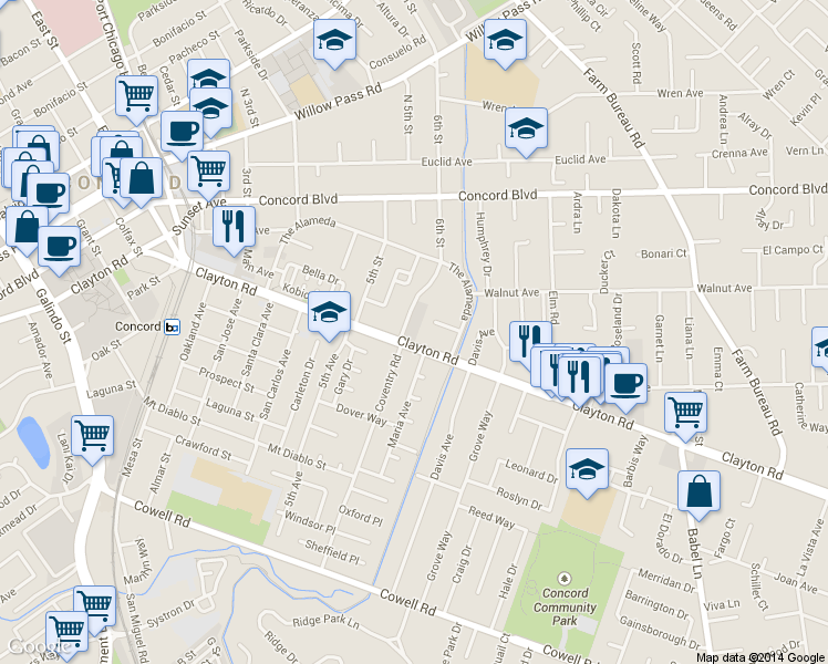 map of restaurants, bars, coffee shops, grocery stores, and more near 3225 Clayton Road in Concord