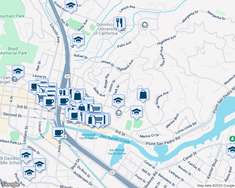 map of restaurants, bars, coffee shops, grocery stores, and more near 123 Park Street in San Rafael