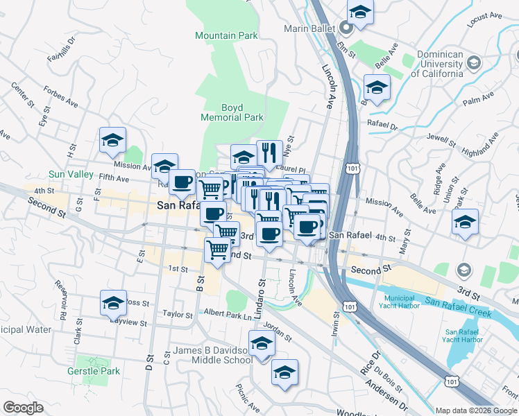 map of restaurants, bars, coffee shops, grocery stores, and more near 914 Fifth Avenue in San Rafael