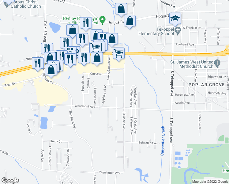 map of restaurants, bars, coffee shops, grocery stores, and more near 350 Rosenberger Avenue in Evansville