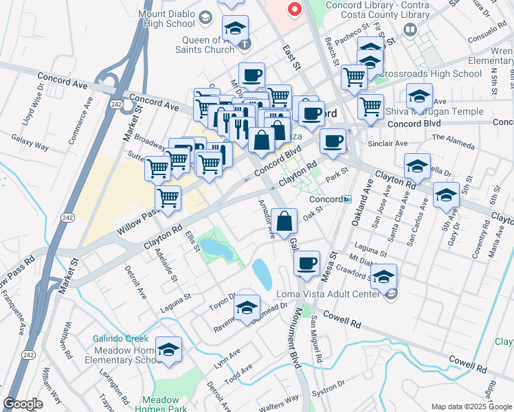 map of restaurants, bars, coffee shops, grocery stores, and more near 1721 Amador Avenue in Concord