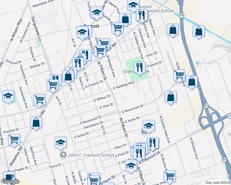 map of restaurants, bars, coffee shops, grocery stores, and more near 1322 North Filbert Street in Stockton