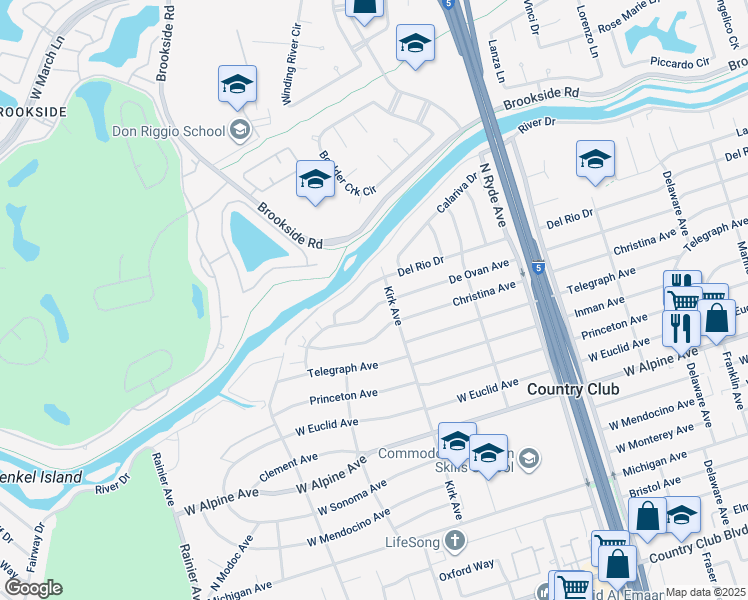 map of restaurants, bars, coffee shops, grocery stores, and more near 3033 Del Rio Drive in Stockton