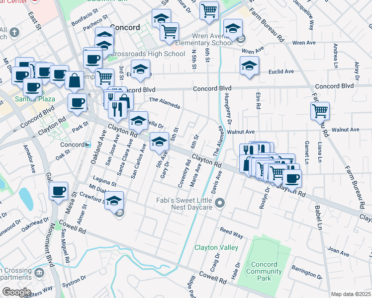 map of restaurants, bars, coffee shops, grocery stores, and more near 1540 Stanford Street in Concord