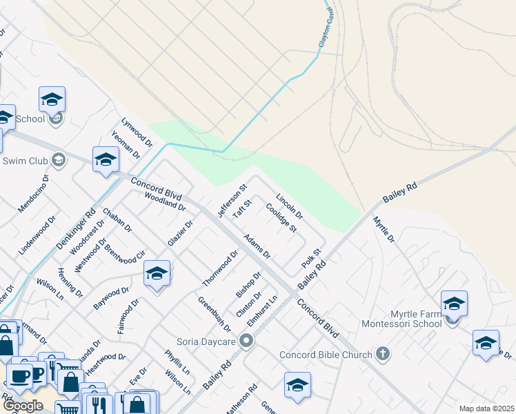 map of restaurants, bars, coffee shops, grocery stores, and more near 1849 Pierce Court in Concord