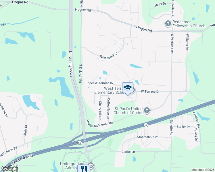 map of restaurants, bars, coffee shops, grocery stores, and more near 8200 West Terrace Drive in Evansville