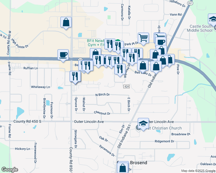 map of restaurants, bars, coffee shops, grocery stores, and more near Wyntree Villas Drive in Newburgh