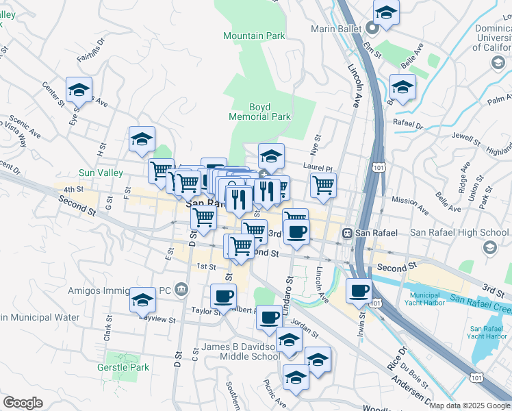 map of restaurants, bars, coffee shops, grocery stores, and more near 1101 Fifth Avenue in San Rafael