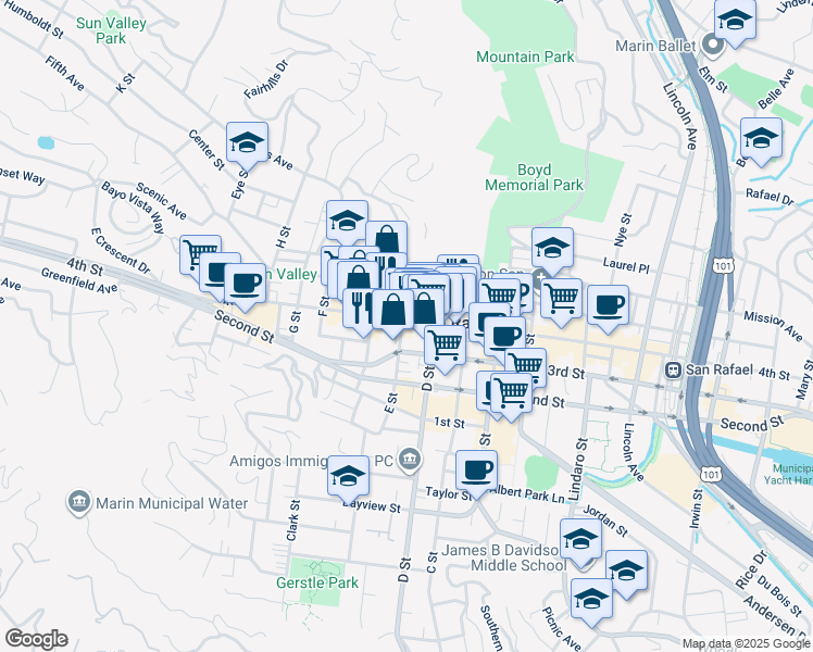 map of restaurants, bars, coffee shops, grocery stores, and more near 1009 E Street in San Rafael