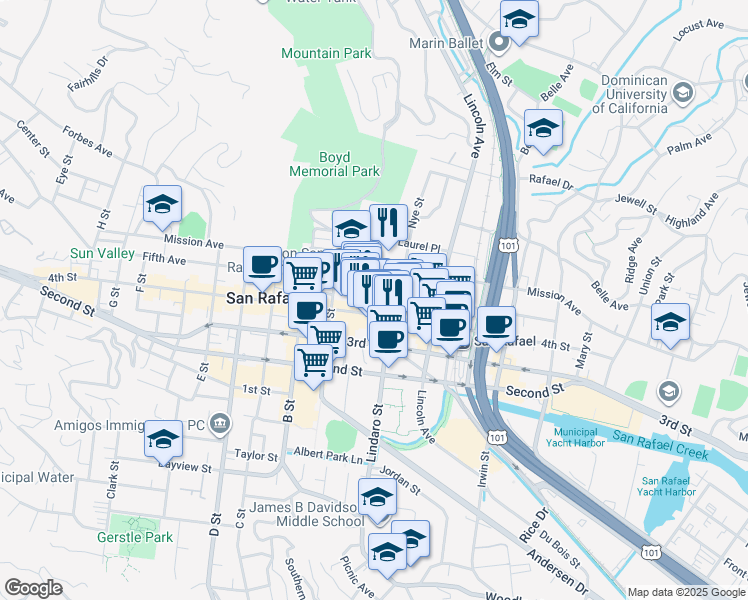 map of restaurants, bars, coffee shops, grocery stores, and more near 914 Fifth Avenue in San Rafael