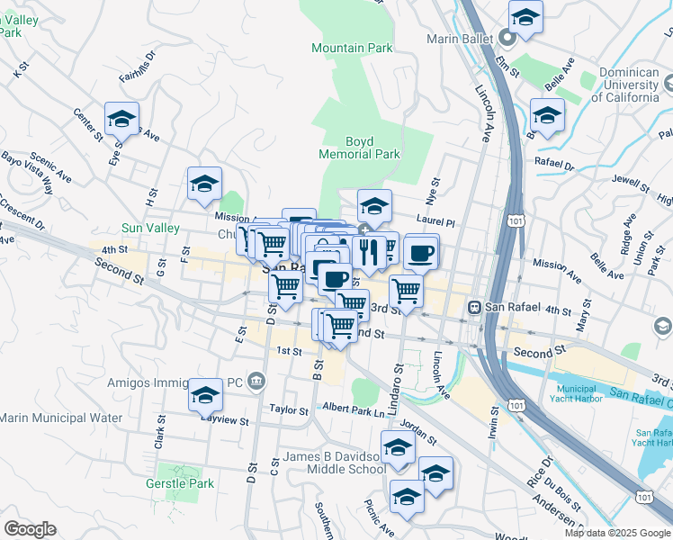 map of restaurants, bars, coffee shops, grocery stores, and more near 1101 Fifth Avenue in San Rafael