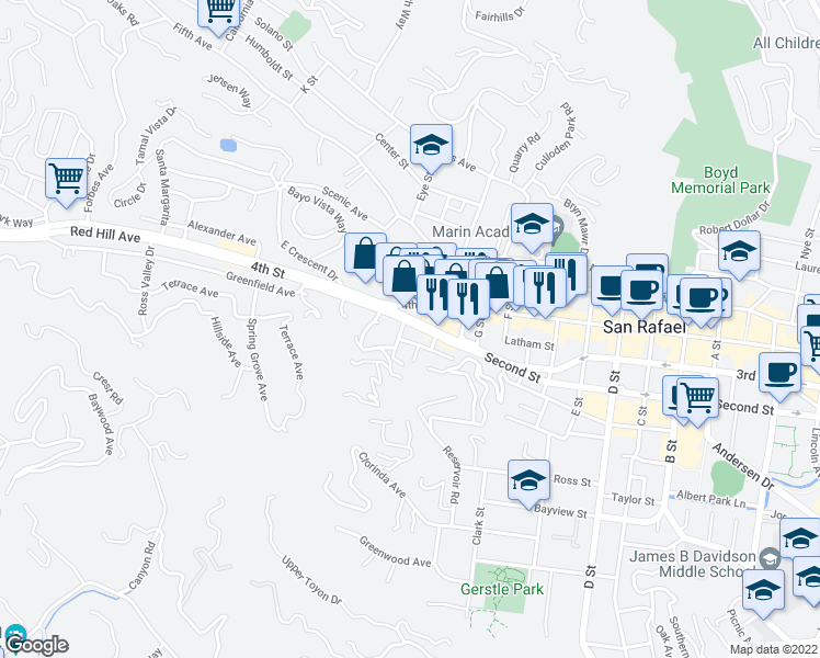 map of restaurants, bars, coffee shops, grocery stores, and more near 1816 4th Street in San Rafael