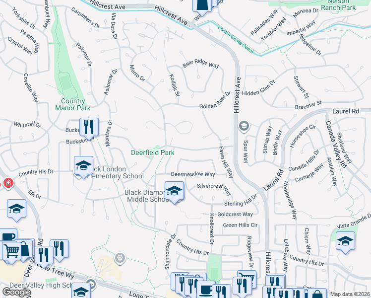 map of restaurants, bars, coffee shops, grocery stores, and more near 4532 Wildcat Circle in Antioch