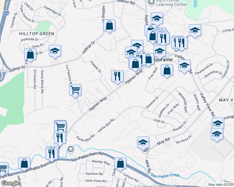 map of restaurants, bars, coffee shops, grocery stores, and more near 4750 Appian Way in El Sobrante