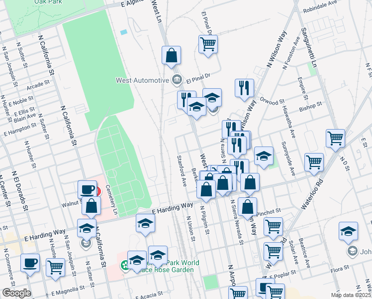 map of restaurants, bars, coffee shops, grocery stores, and more near 1129 College Avenue in Stockton