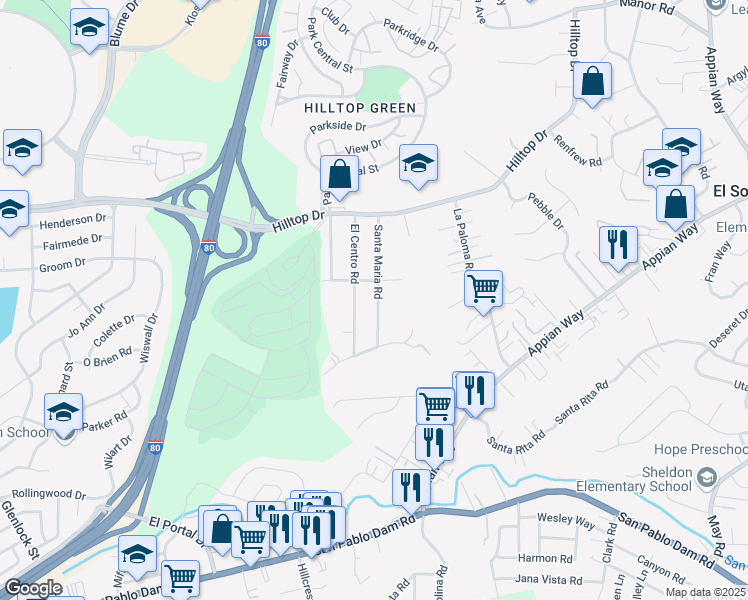 map of restaurants, bars, coffee shops, grocery stores, and more near 679 Santa Maria Road in El Sobrante