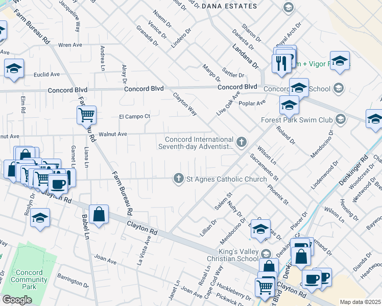 map of restaurants, bars, coffee shops, grocery stores, and more near 1662 Dorchester Place in Concord
