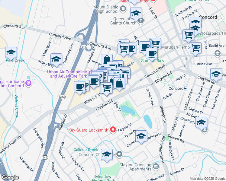 map of restaurants, bars, coffee shops, grocery stores, and more near 1795 Willow Pass Road in Concord
