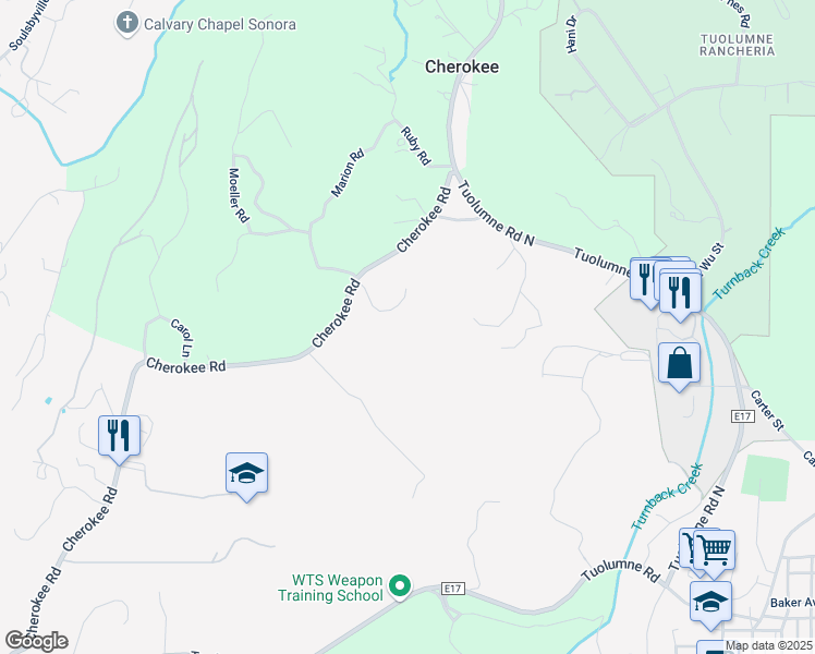 map of restaurants, bars, coffee shops, grocery stores, and more near 19335 Cherokee Road in Tuolumne