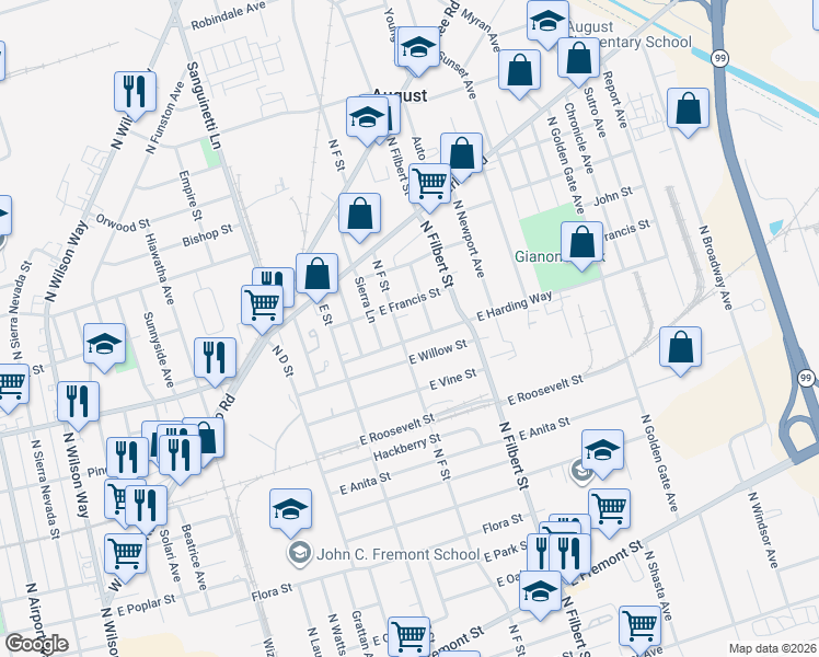 map of restaurants, bars, coffee shops, grocery stores, and more near 1437 North Morrison Avenue in Stockton