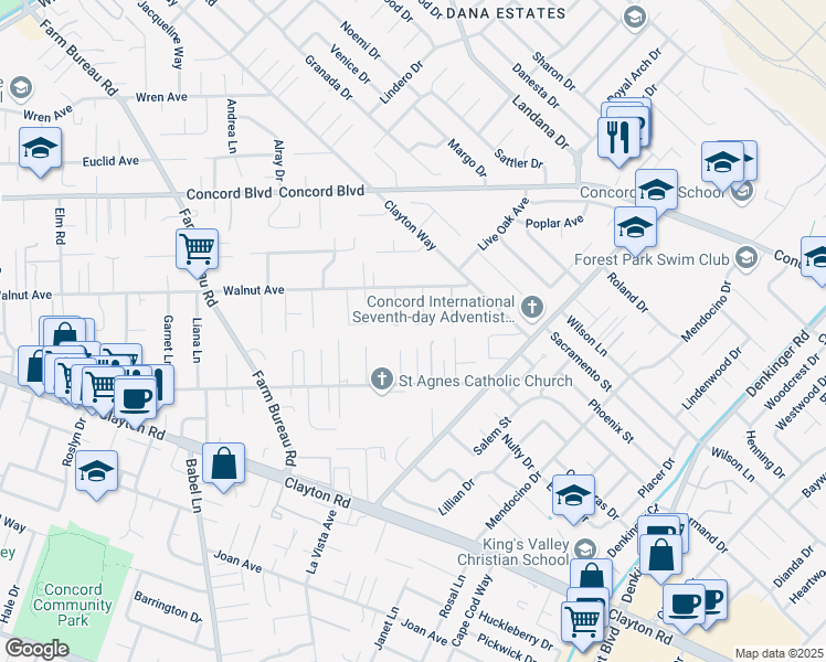 map of restaurants, bars, coffee shops, grocery stores, and more near 1684 Westchester Place in Concord