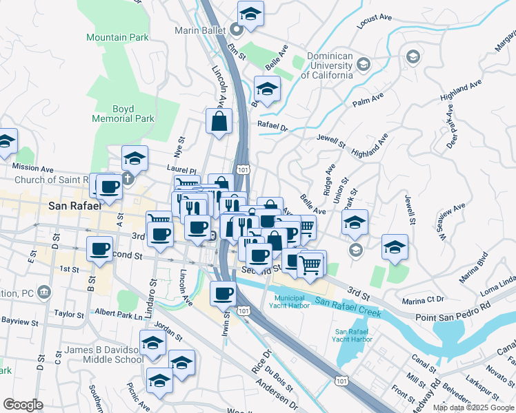 map of restaurants, bars, coffee shops, grocery stores, and more near 532 Mission Avenue in San Rafael