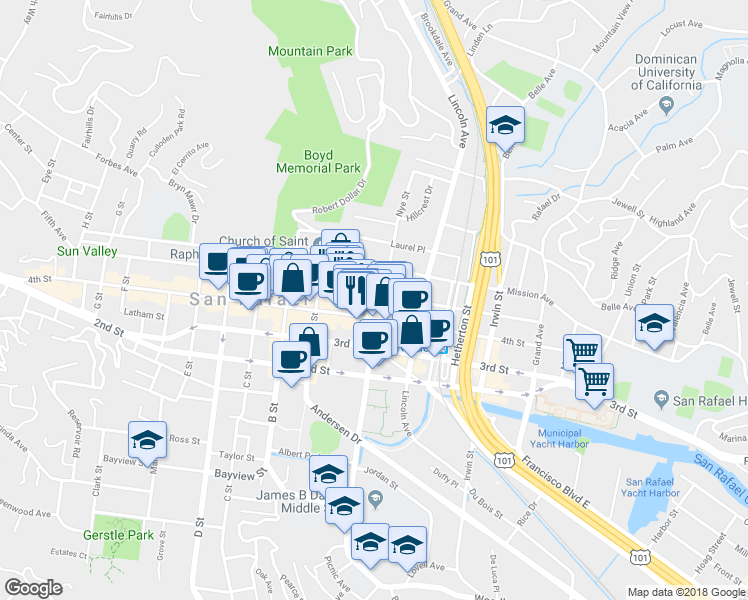 map of restaurants, bars, coffee shops, grocery stores, and more near 914 Fifth Avenue in San Rafael