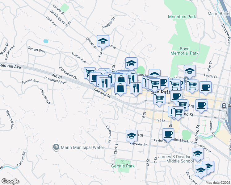 map of restaurants, bars, coffee shops, grocery stores, and more near 1709 4th Street in San Rafael