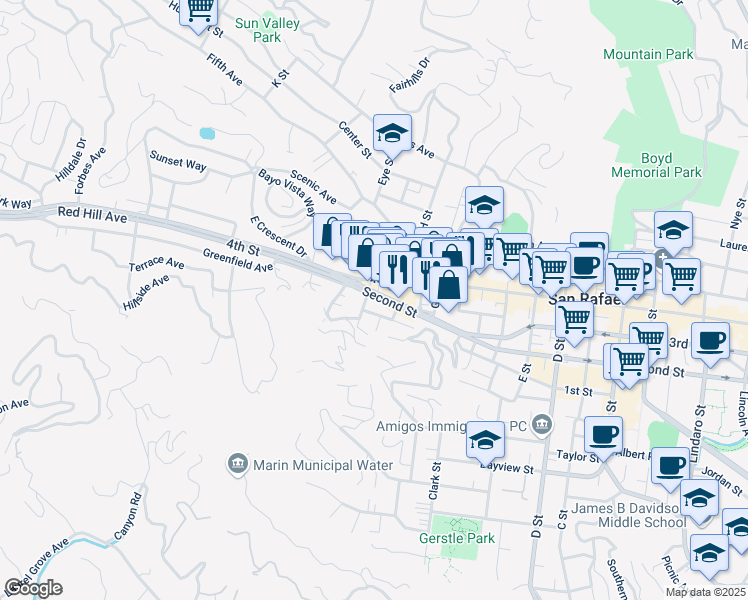 map of restaurants, bars, coffee shops, grocery stores, and more near 1816 4th Street in San Rafael