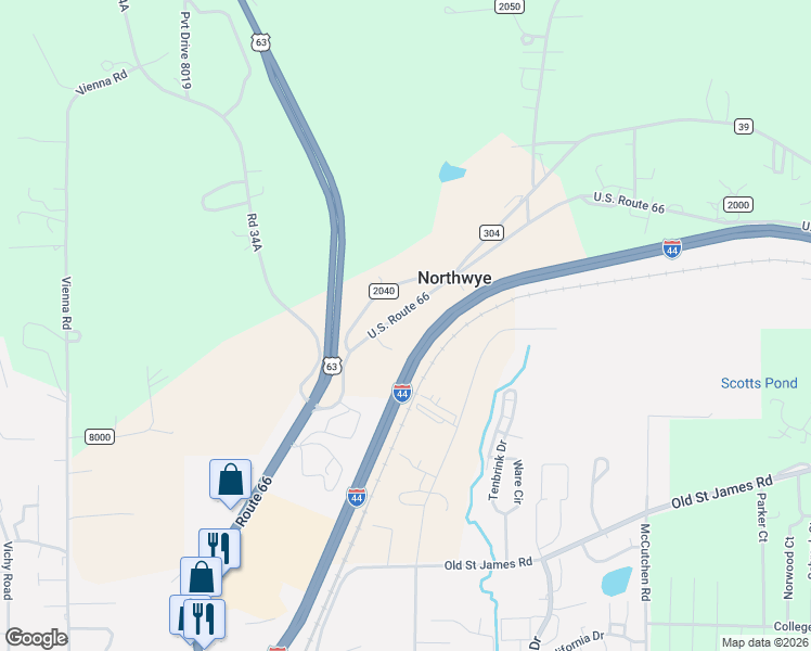 map of restaurants, bars, coffee shops, grocery stores, and more near 10730 County Road 2040 in Rolla