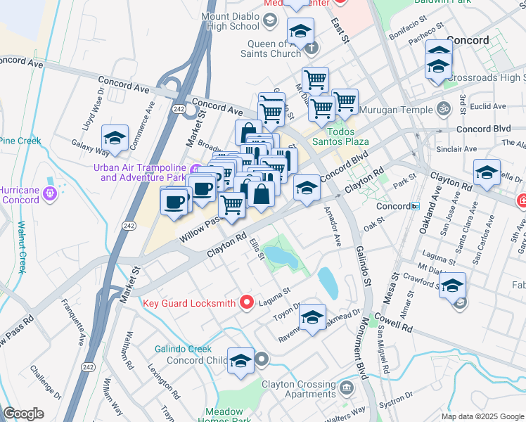 map of restaurants, bars, coffee shops, grocery stores, and more near 1821 Sutter Street in Concord