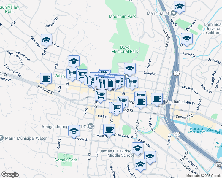 map of restaurants, bars, coffee shops, grocery stores, and more near in San Rafael