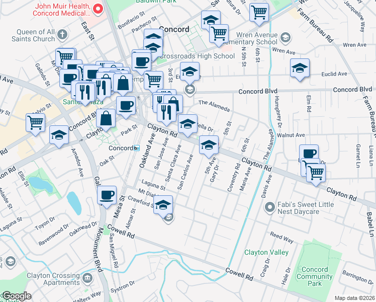 map of restaurants, bars, coffee shops, grocery stores, and more near 1470 Santa Clara Avenue in Concord
