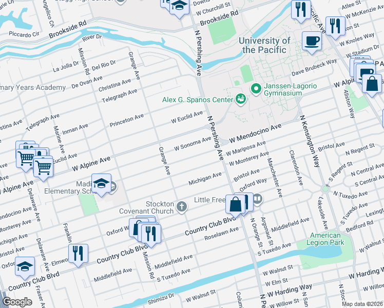 map of restaurants, bars, coffee shops, grocery stores, and more near 1464 West Sonoma Avenue in Stockton