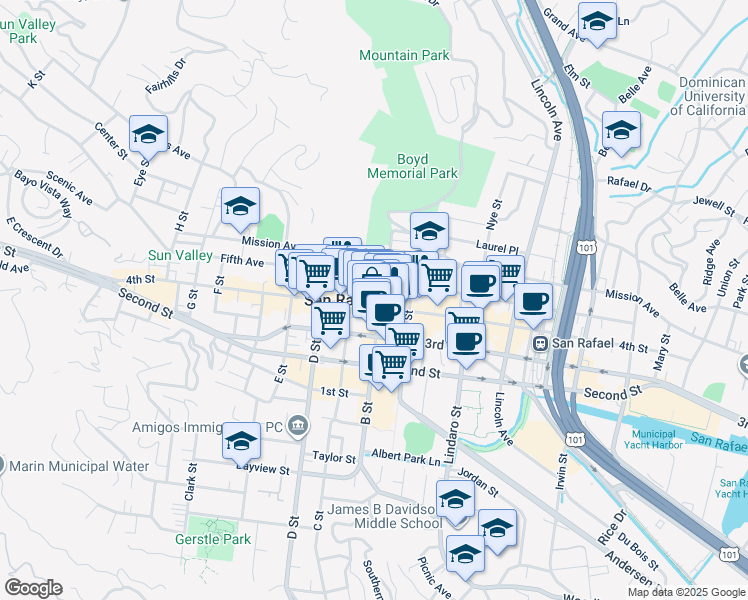 map of restaurants, bars, coffee shops, grocery stores, and more near 1101 Fifth Avenue in San Rafael