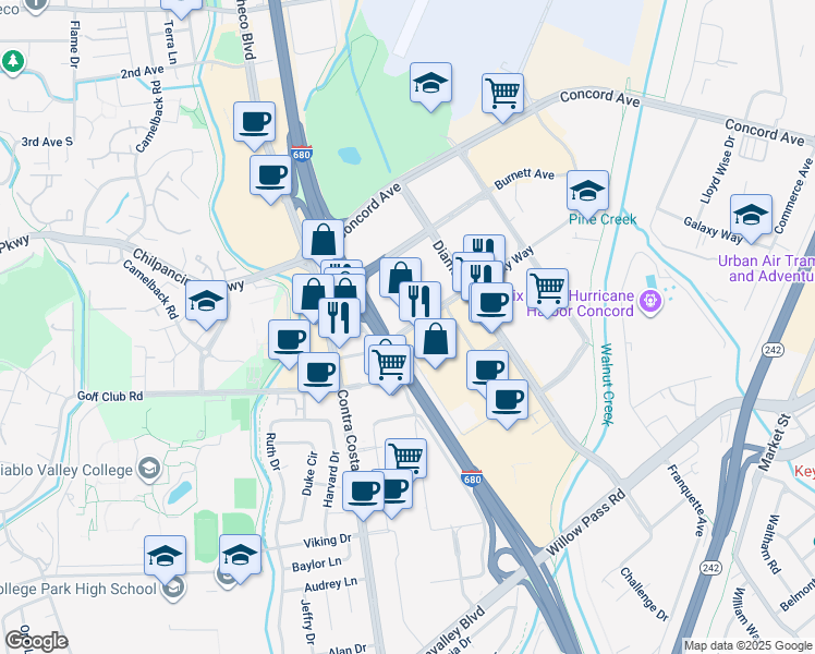 map of restaurants, bars, coffee shops, grocery stores, and more near 585 Galaxy Way in Concord