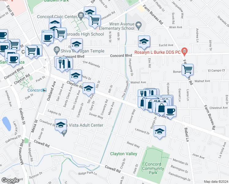 map of restaurants, bars, coffee shops, grocery stores, and more near 3221 Clayton Road in Concord