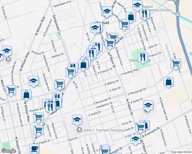 map of restaurants, bars, coffee shops, grocery stores, and more near 1455 North F Street in Stockton