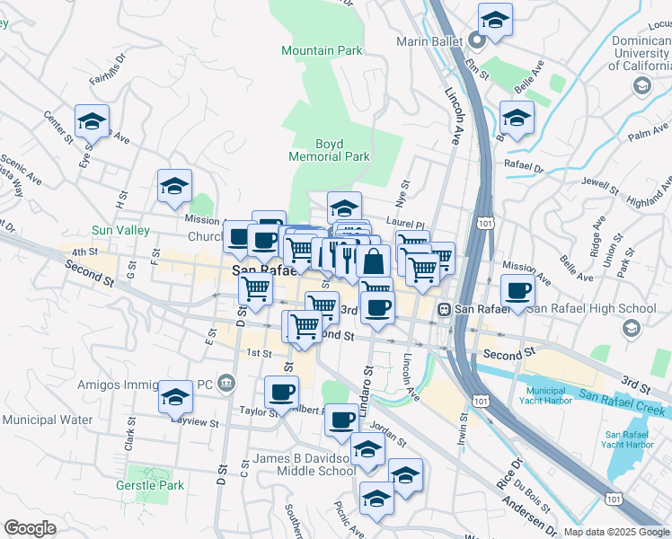 map of restaurants, bars, coffee shops, grocery stores, and more near 1002 4th Street in San Rafael