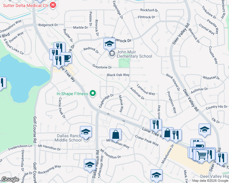 map of restaurants, bars, coffee shops, grocery stores, and more near 2111 Sumac Way in Antioch