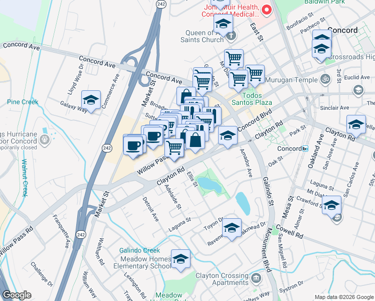 map of restaurants, bars, coffee shops, grocery stores, and more near 1821 Sutter Street in Concord
