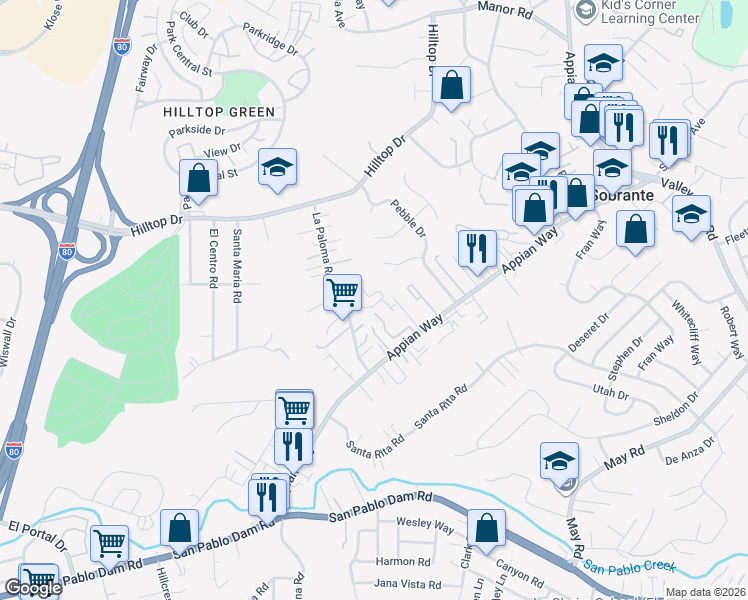 map of restaurants, bars, coffee shops, grocery stores, and more near 546 Chabre Court in El Sobrante