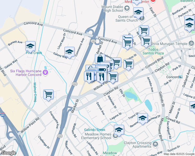 map of restaurants, bars, coffee shops, grocery stores, and more near 1675 Willow Pass Road in Concord