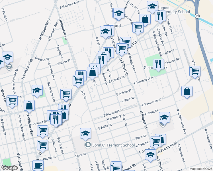 map of restaurants, bars, coffee shops, grocery stores, and more near 1455 North F Street in Stockton