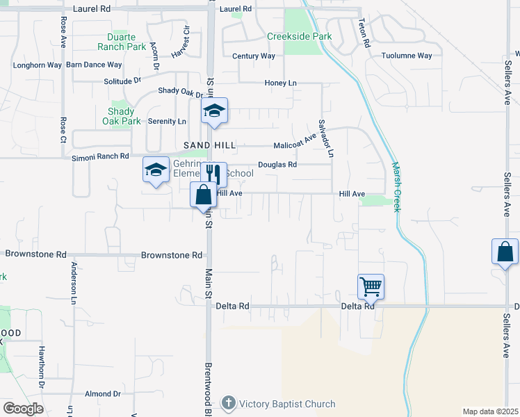 map of restaurants, bars, coffee shops, grocery stores, and more near 87 Hill Avenue in Oakley