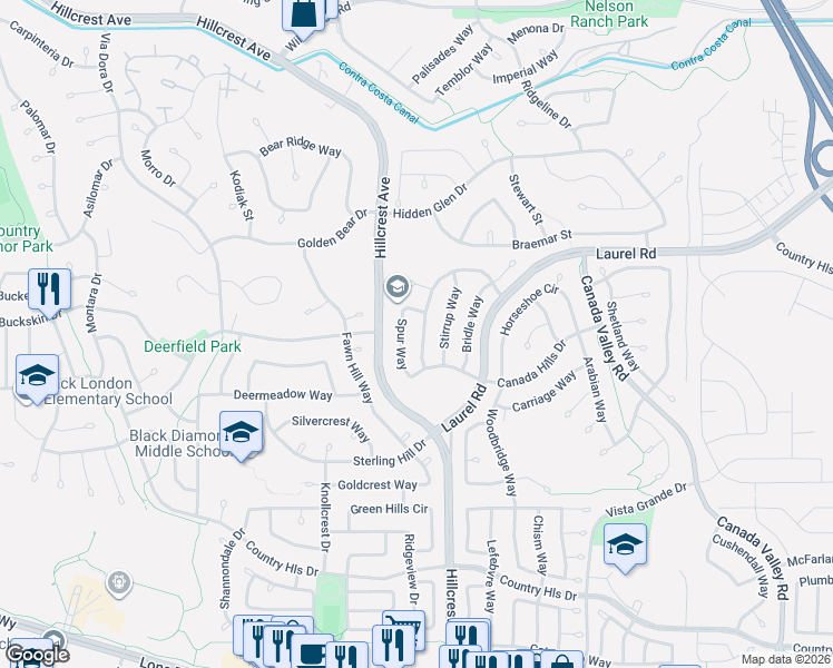 map of restaurants, bars, coffee shops, grocery stores, and more near 4968 Kushner Way in Antioch